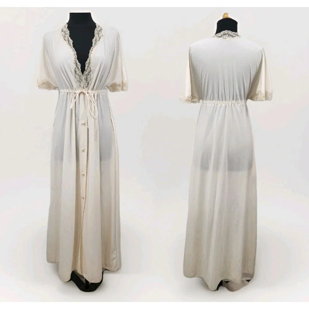 Vintage Shadowline Ivory Nylon Lace Button Front Robe Tie Waist Flare Sleeve SML